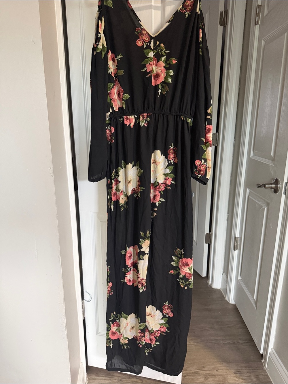 paper doll Black Maxi Dress with Pink & Cream Floral Print